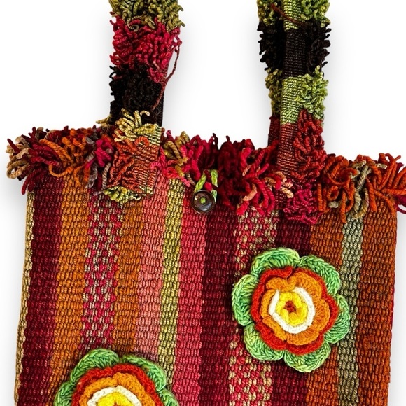 Inka Traditions Boho Purse Woven Stripes Crochet Flowers Shoulder Straps Wool - Picture 3 of 10